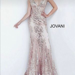 Worn Once: Jovani style 3675 Sheer Corset Mermaid Gown in Rose Gold